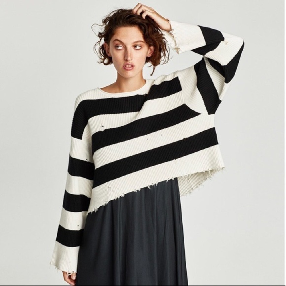 Zara Knit Distressed Striped Cropped Sweater